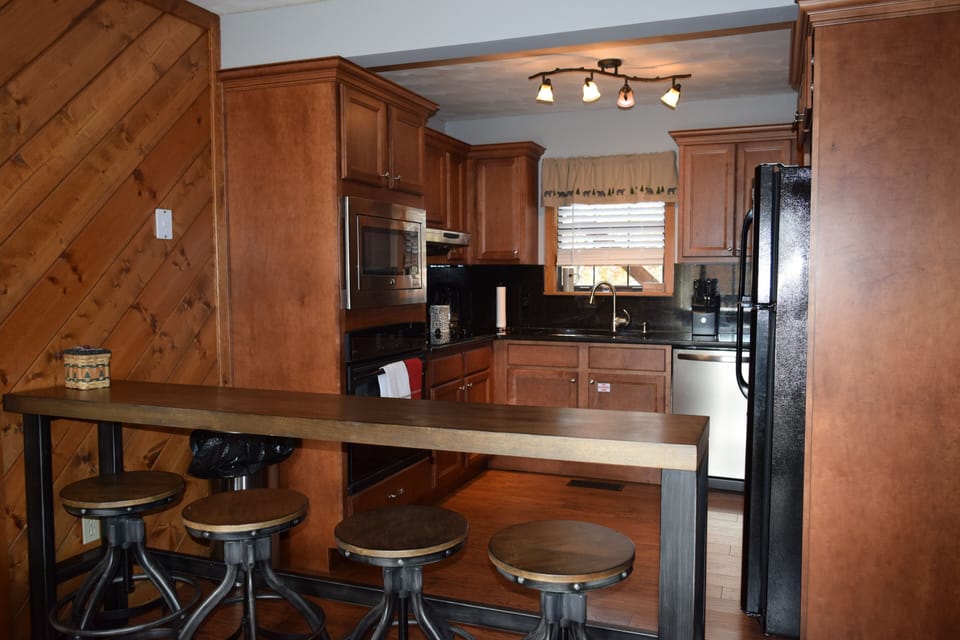 Kitchen and eating peninsula.