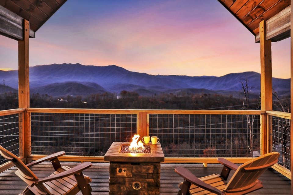 Private deck with a fire pit and a view of Mt. LeConte!