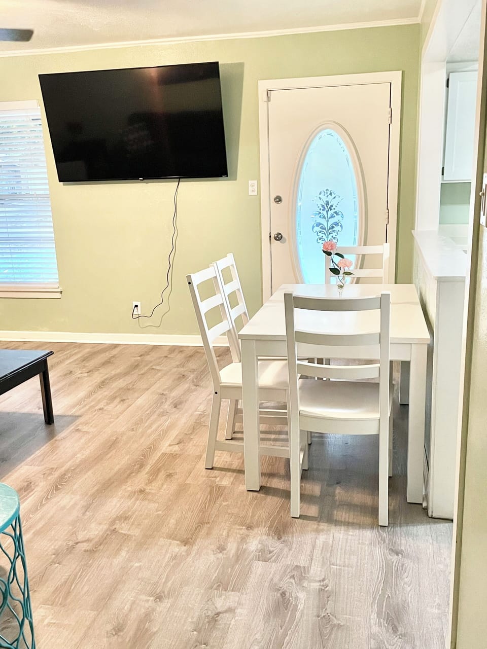 Our dining area comfortably sits six, or up to eight with an included extension!