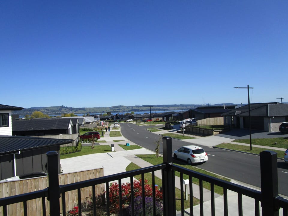 View from the deck looking up the road to our Great Lake Taupo.