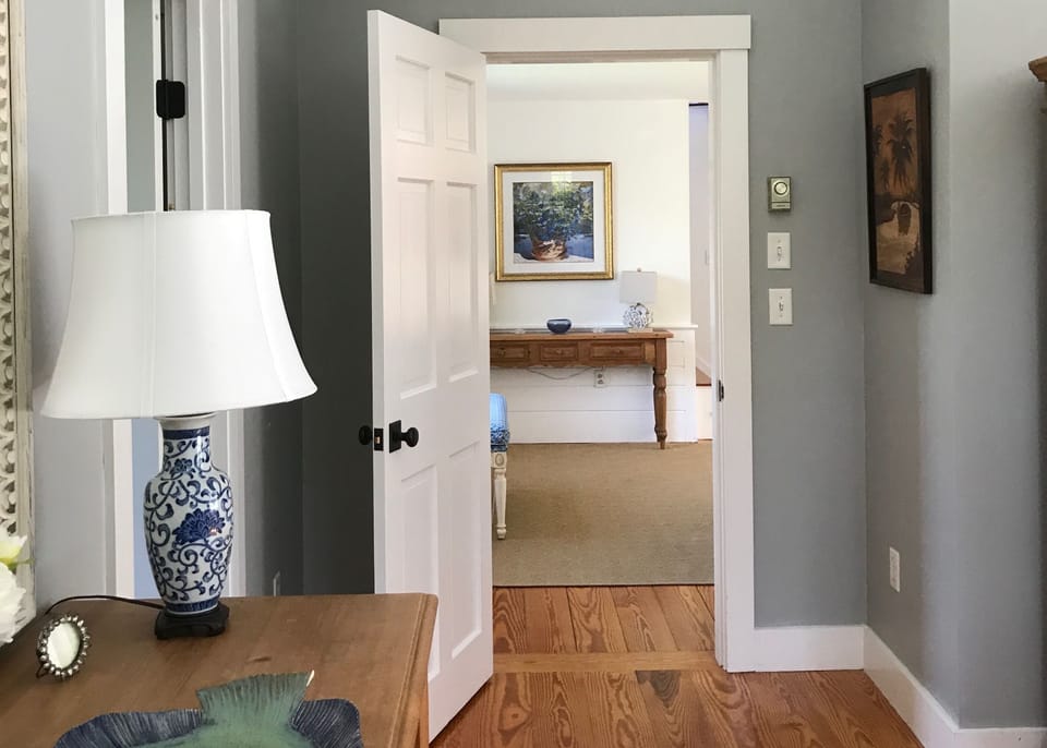 View from primary bedroom into living room