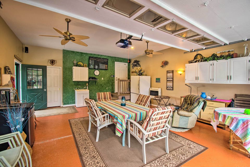 Play a card game in the screened-in garage.