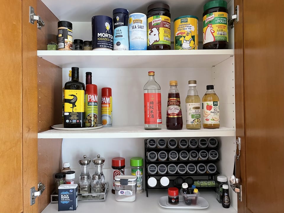 Seasonings galore, oils, condiments...