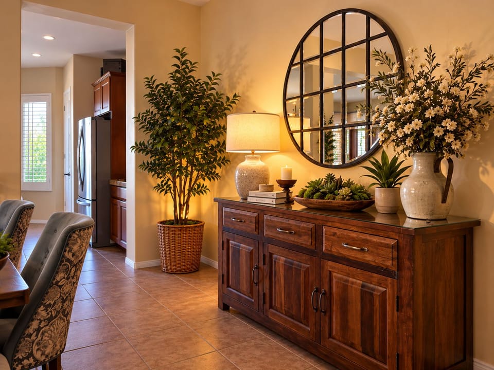 Warmly Styled Walnut Console Entryway