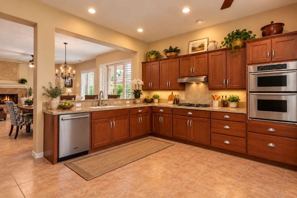 Spacious kitchen w/ warm wood cabinetry, appliances, & ample counterspace