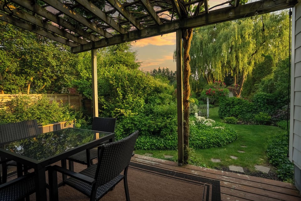 View of the Secret Garden from the Back Deck at sunset.