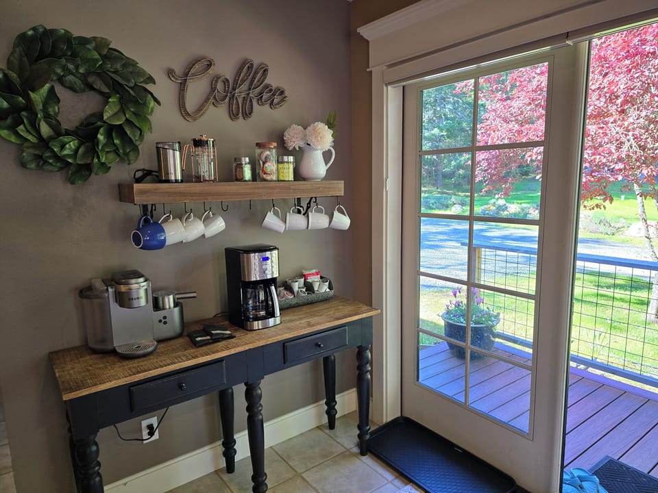 Keurig, French press, drip coffee maker, bean grinder, kcups, sugars, teas, etc.