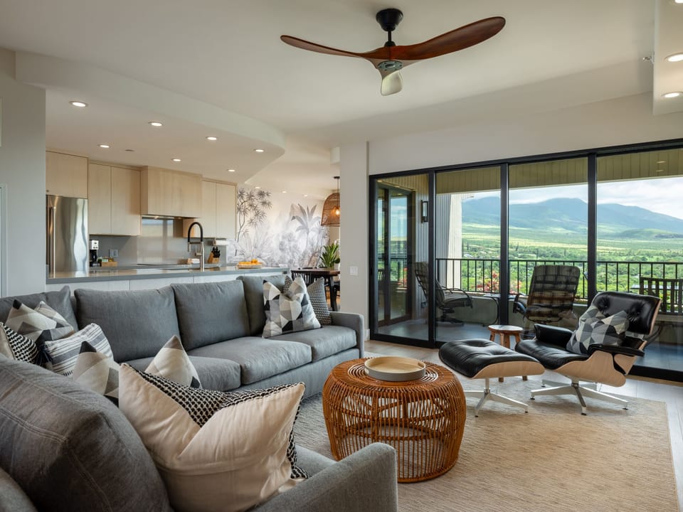 Living room with awesome view of the West Maui mountains