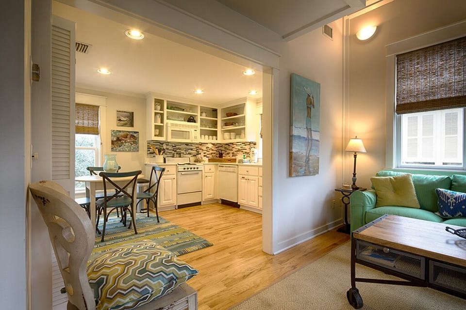Kitchen, dining, and living room