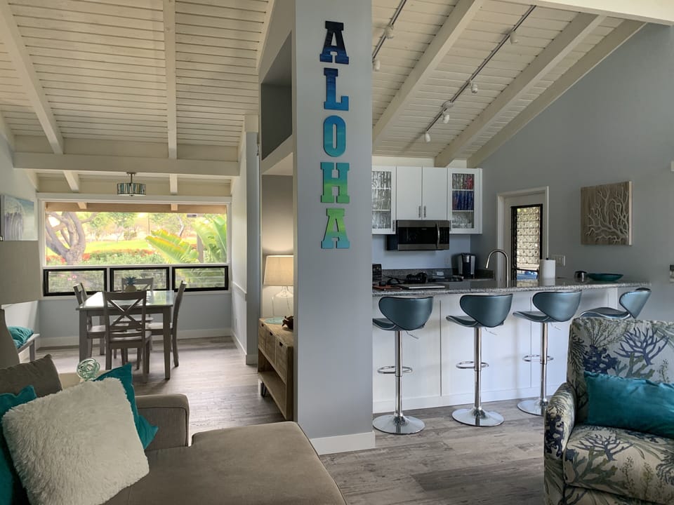 The kitchen and dining room from the living room