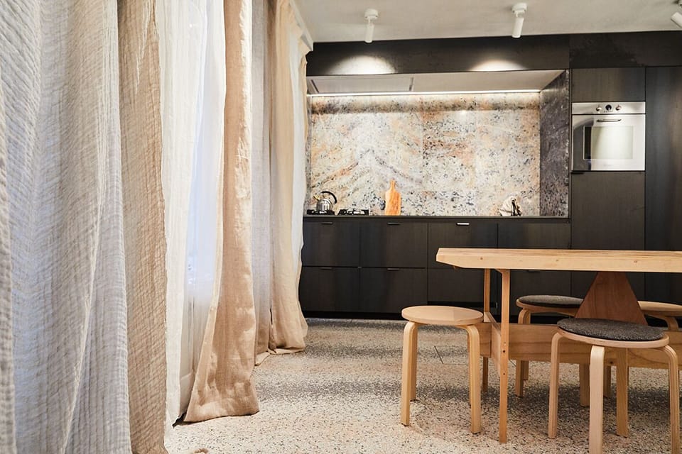 Curtains with different transparency for privacy.