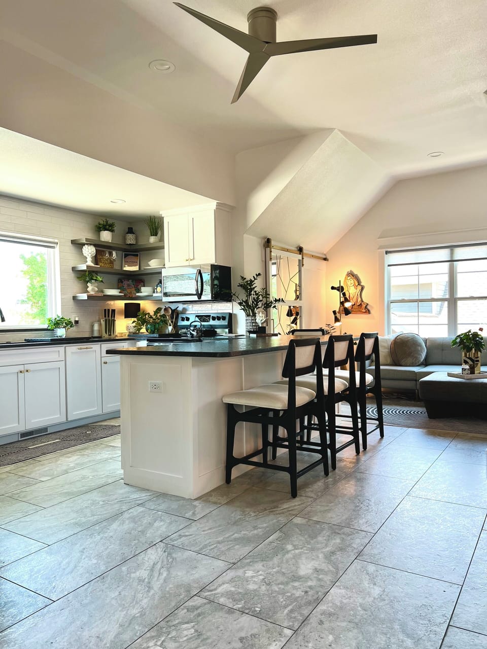 4 comfortable counter stools.  Great to visit, play one of the games, or work.