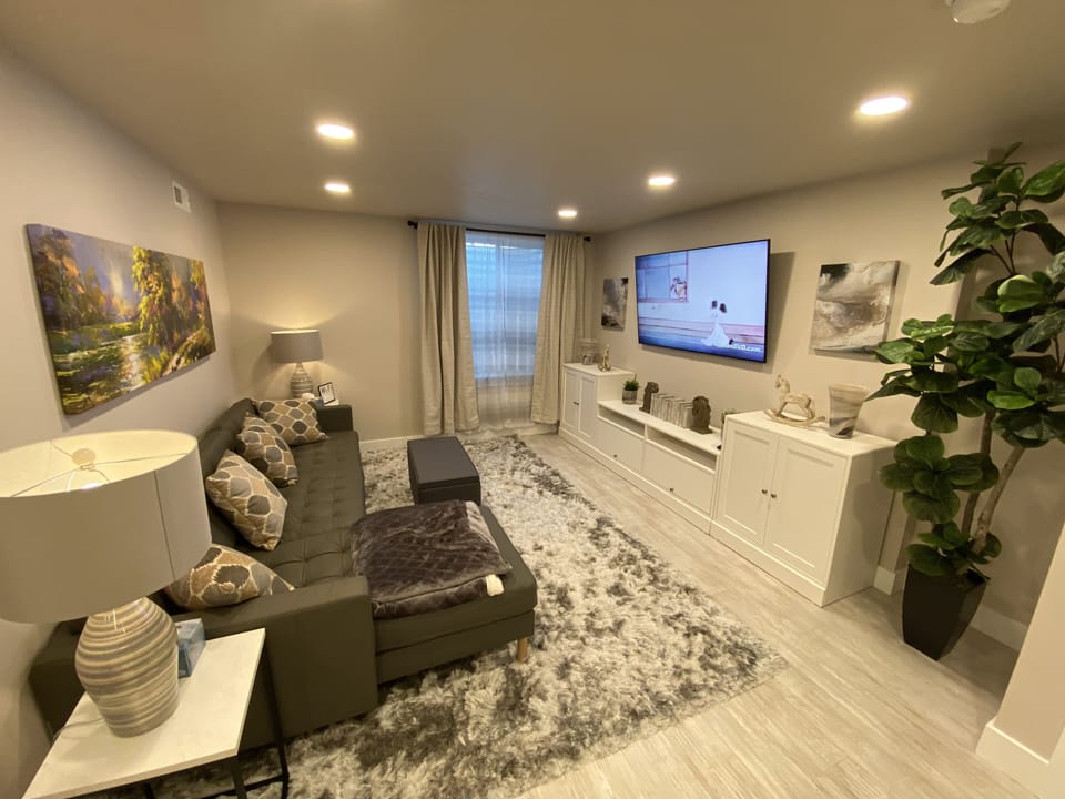 Living Room - Leather Sofa, Large Flat Screen, Blu-Ray Player