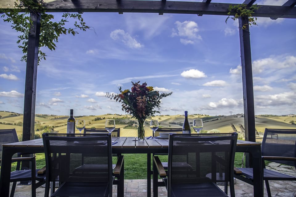Outdoor dining area and pergola