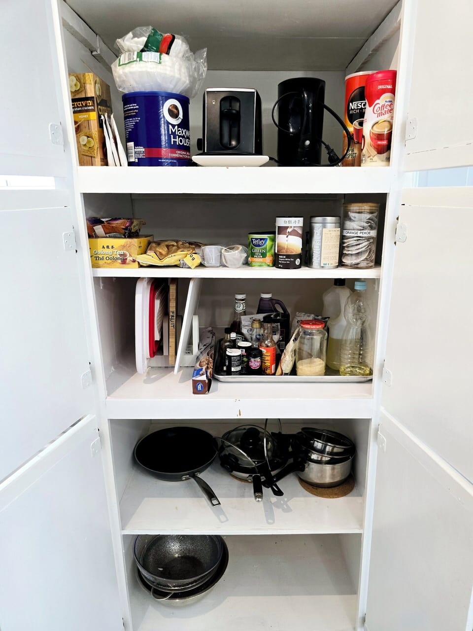 Stock Pantry. Coffee maker, coffree ground, teas, sugar, salts, etc.