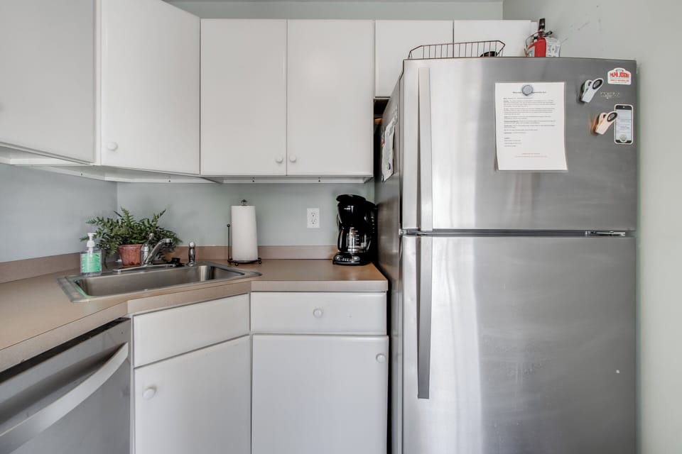 Spacious fridge and a drip coffee maker