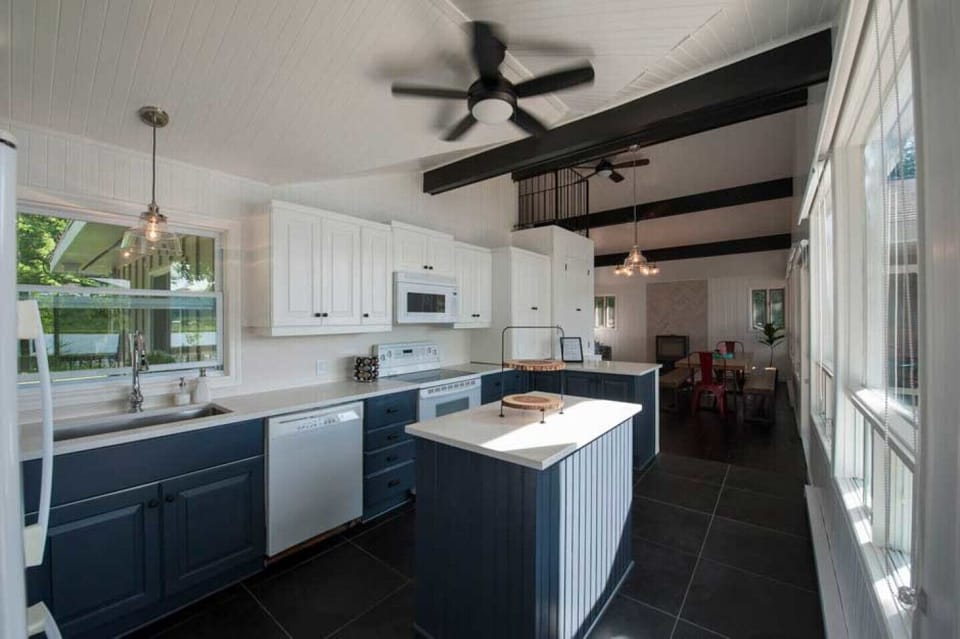 Large kitchen with heated floors with view of the lake