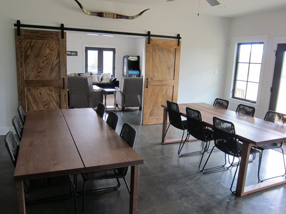View from dining room into large living room.