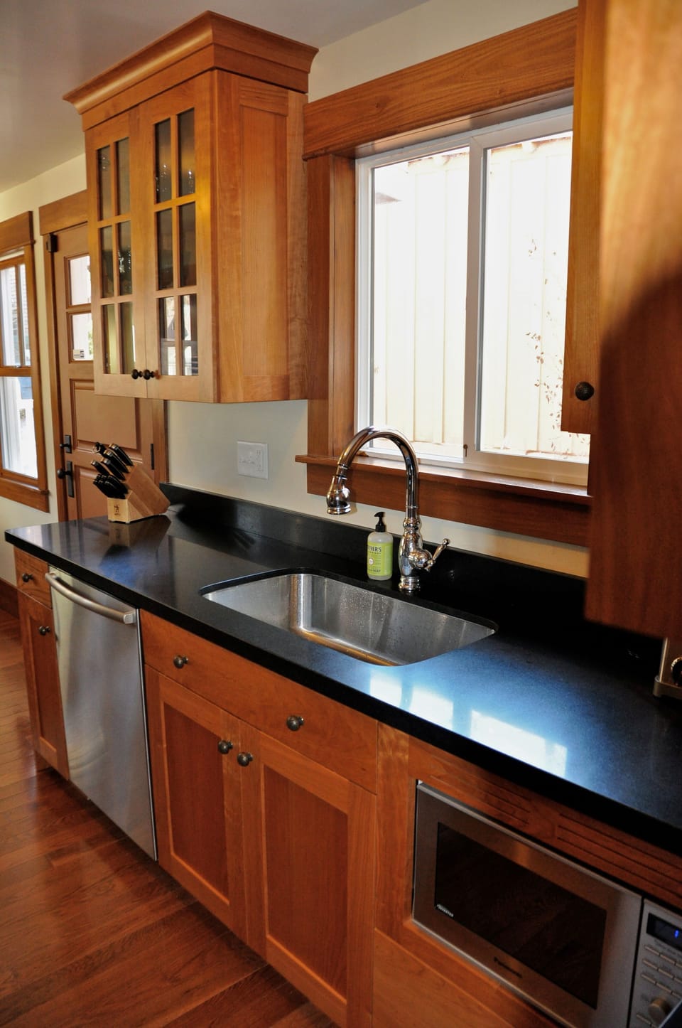 Remodeled kitchen - window looking out to hot tub/garden area