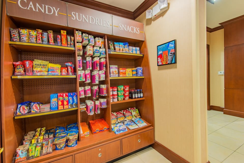 On-site pantry stocked with snacks and convenience items.
