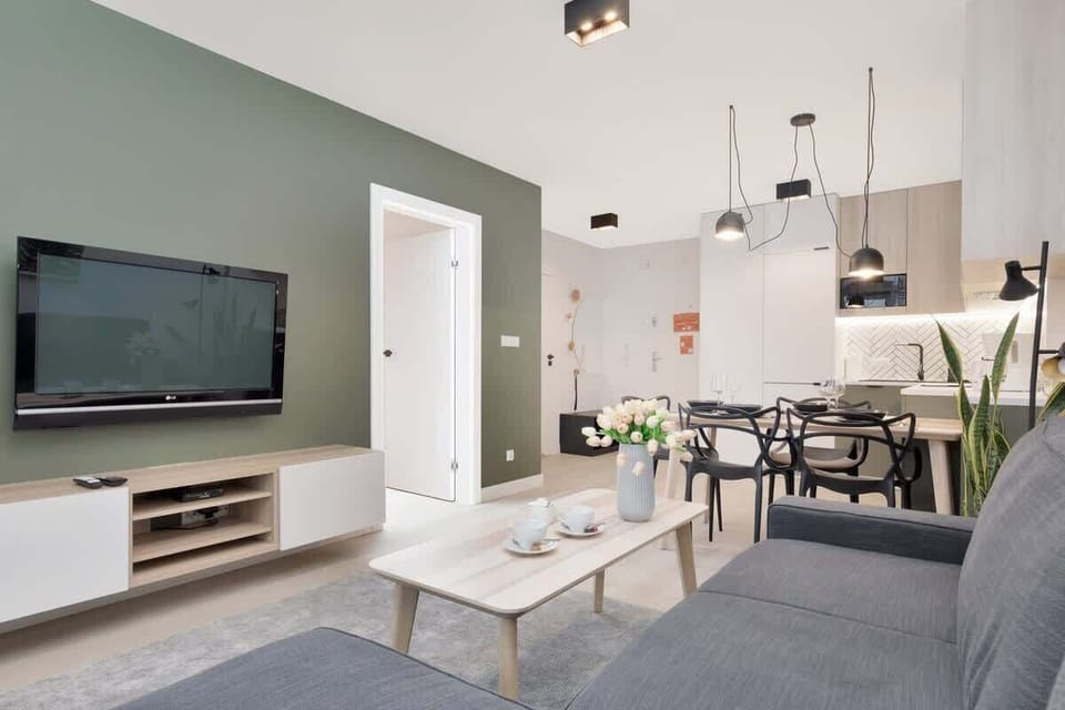 Living room with a comfortable sofa and TV. 