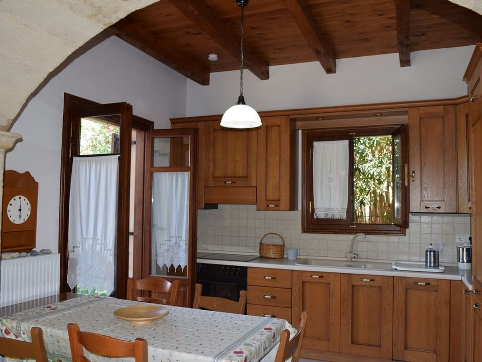 The kitchen and the indoor dining area.


