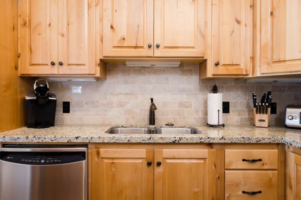 Prep fresh meals with sparkling counters and a double sink.