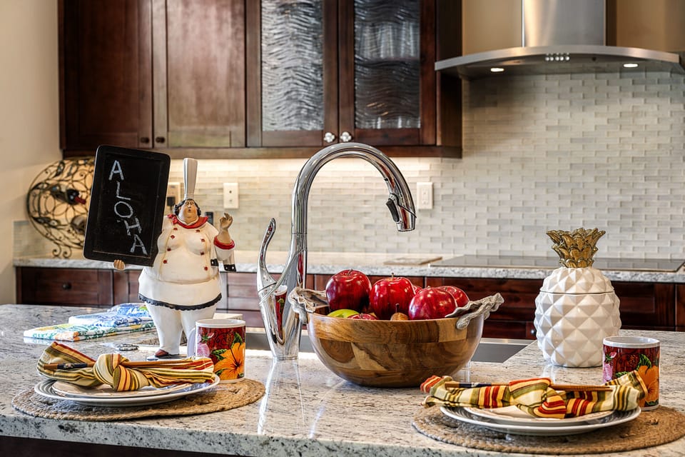 The kitchen island is set for guests entering the home.