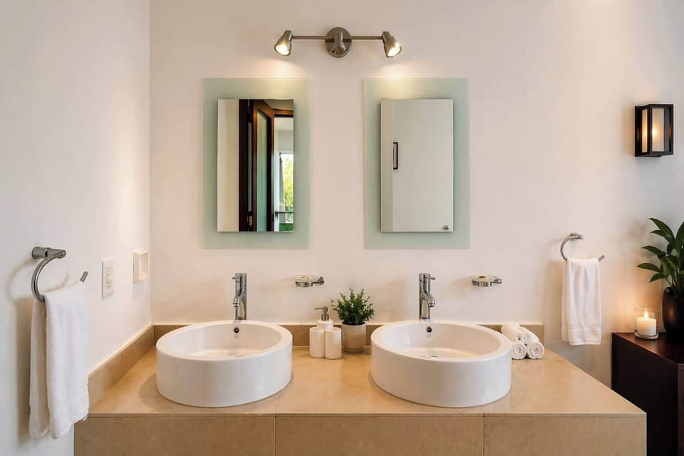 Double-vanity bathroom with vessel sinks, individual mirrors, and ample counter space.