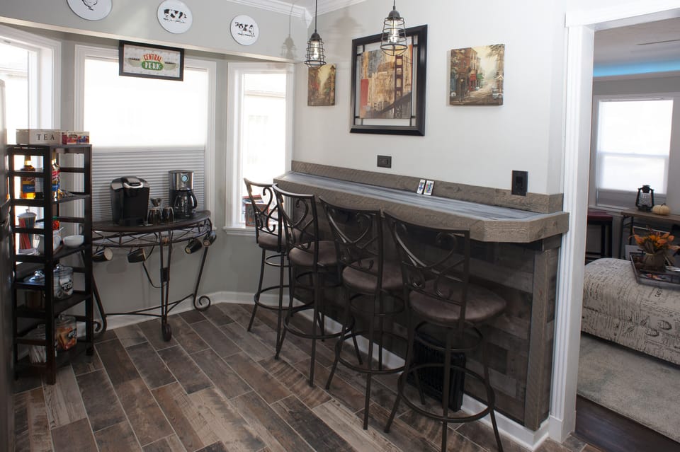 Proper coffee bar, fully stocked with assortment of tea, cocoa, and flavors.
