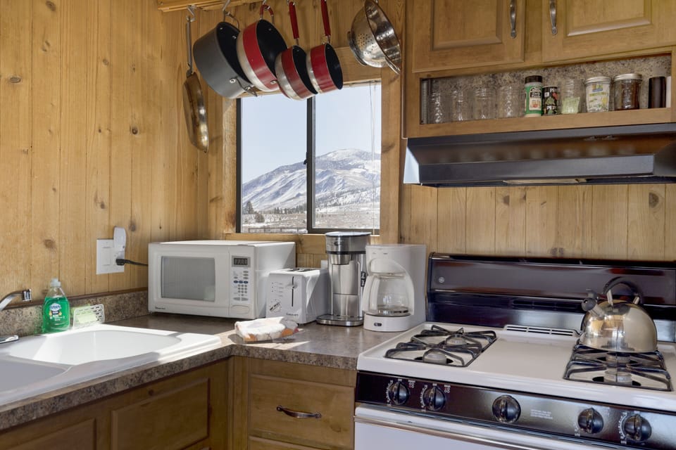 Kitchen with views of the Sherwin mountain range.