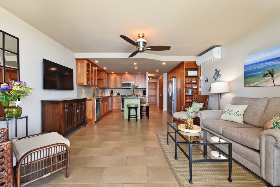 A spacious, easy‑flow layout blending living, dining, and kitchen spaces—perfect for relaxing after a day in the sun.