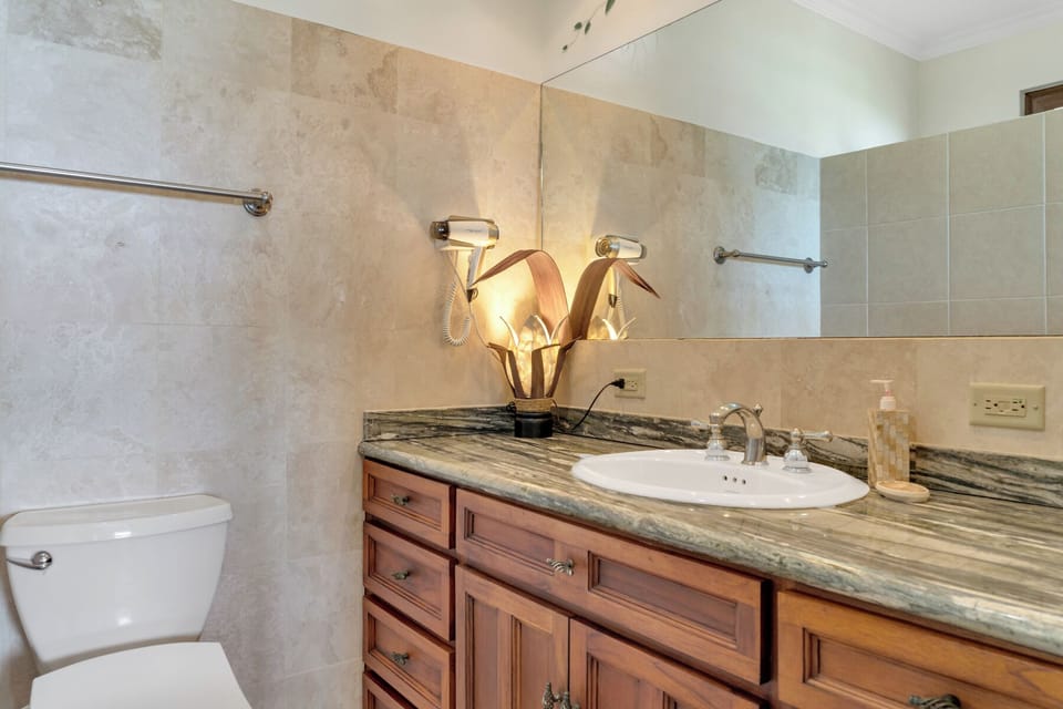 Macaw bathroom comprising basin, toilet with bidet seat, shower