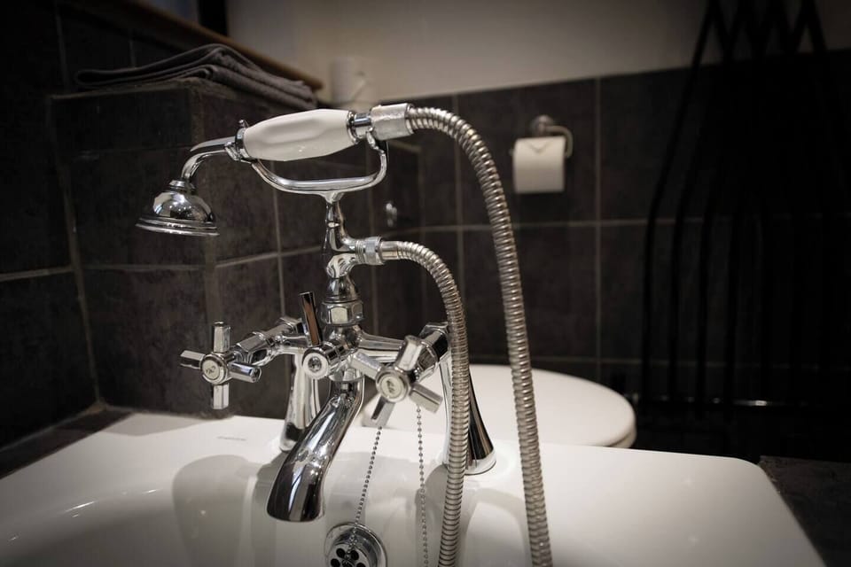 Vintage tub faucet and shower wand will help you enjoy a luxurious soak 