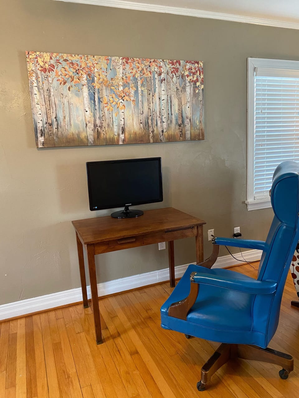 Staycation? Dining area turns into home office with 19” monitor to plug into!! 