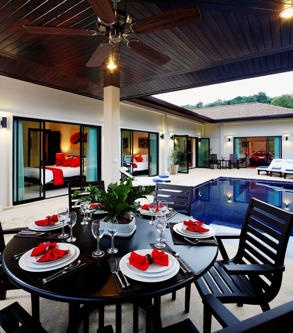 Outside covered dining table for 8 guest with BBQ