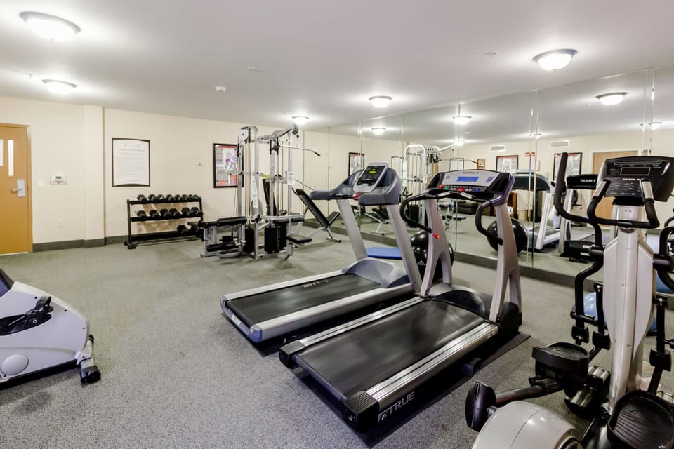 Gym space featuring treadmills and weight equipment.