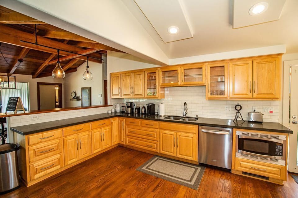 We have both a drip coffee maker, a Keurig with pods and a coffee grinder too. Small appliances and a microwave and dishwasher help make your food preparation easy and convenient