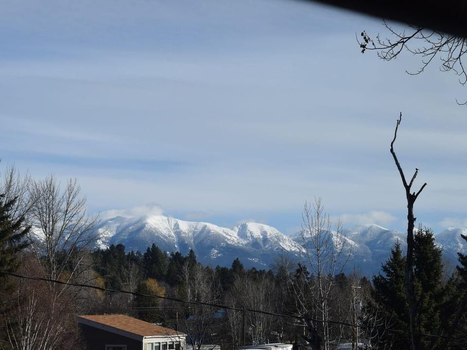 View of the mountains from the deck in the winter