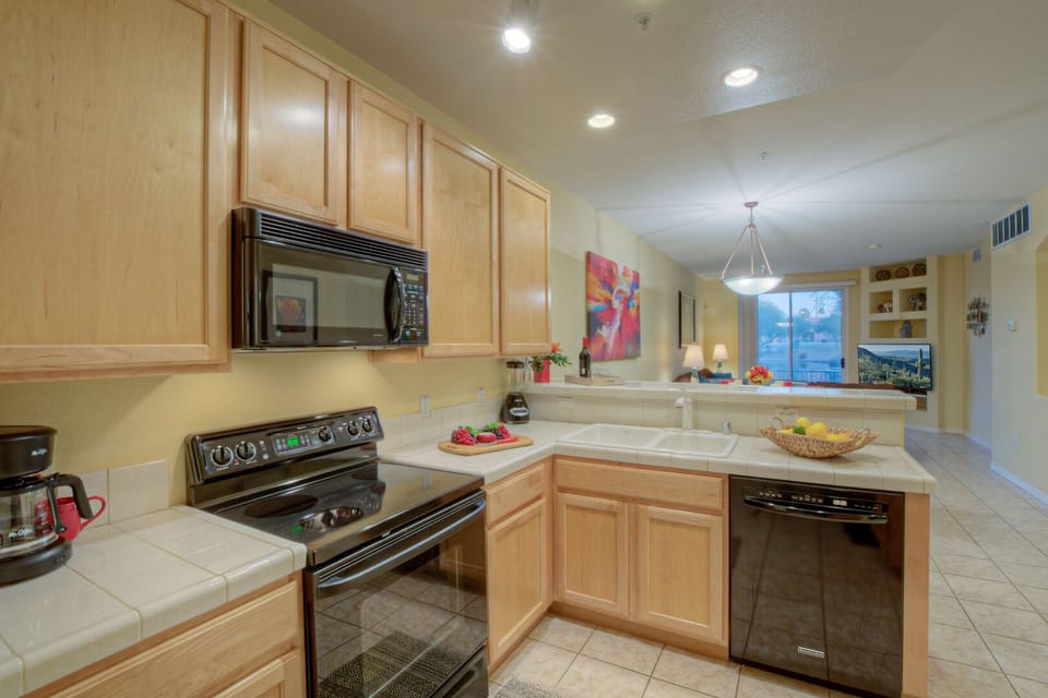 Counter and work space is generous for prepping and serving a feast.