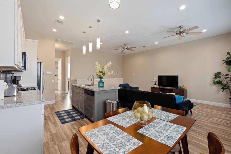 Open dining, kitchen and living area on the second floor.