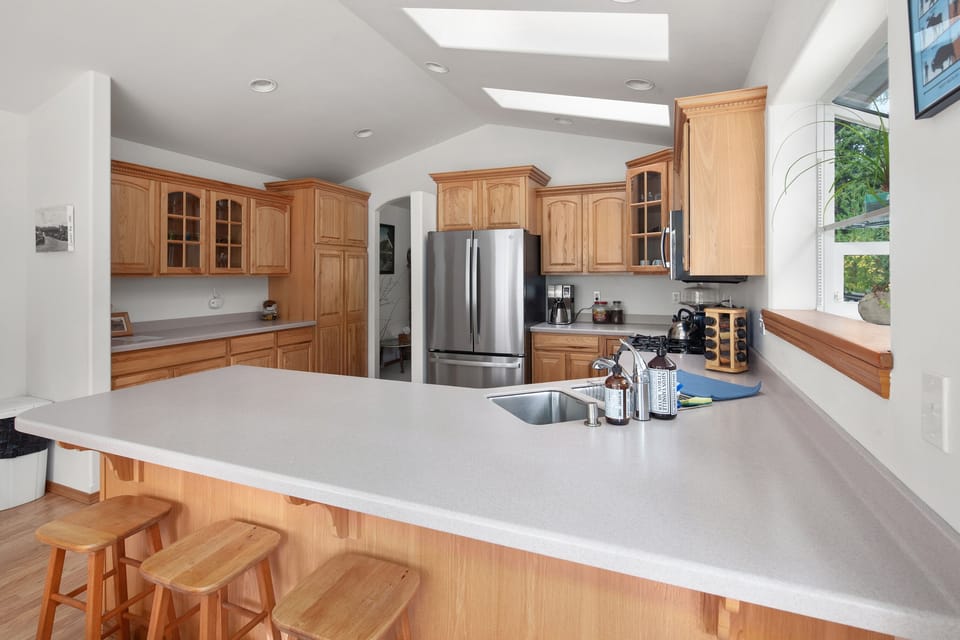 The skylights add extra light to the kitchen.
