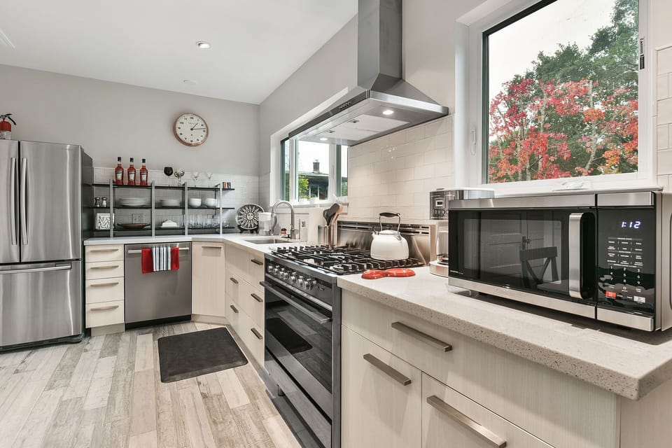 New microwave, coffee maker, tea kettle and dishes