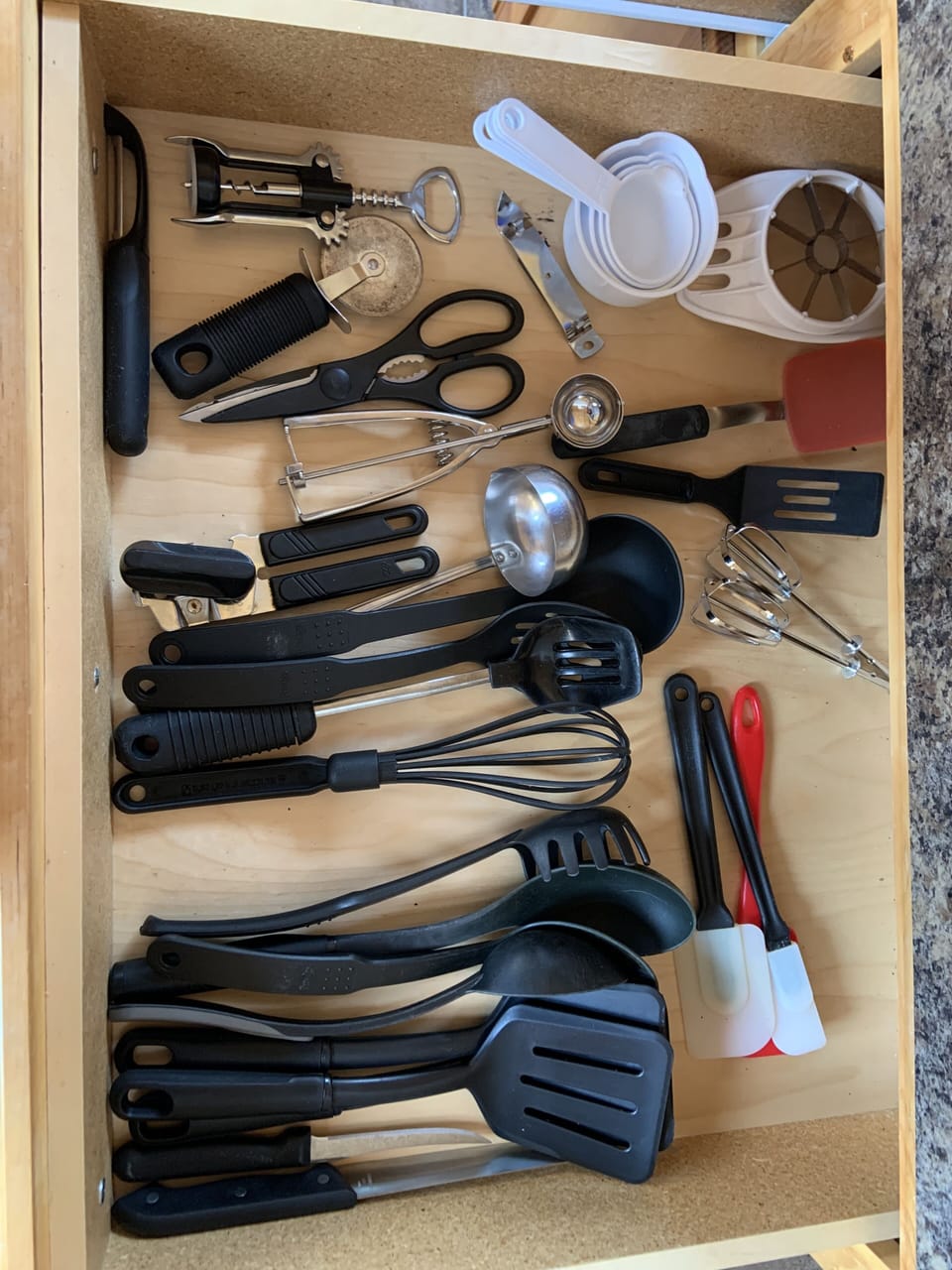 All the utensils needed for cooking and baking. 