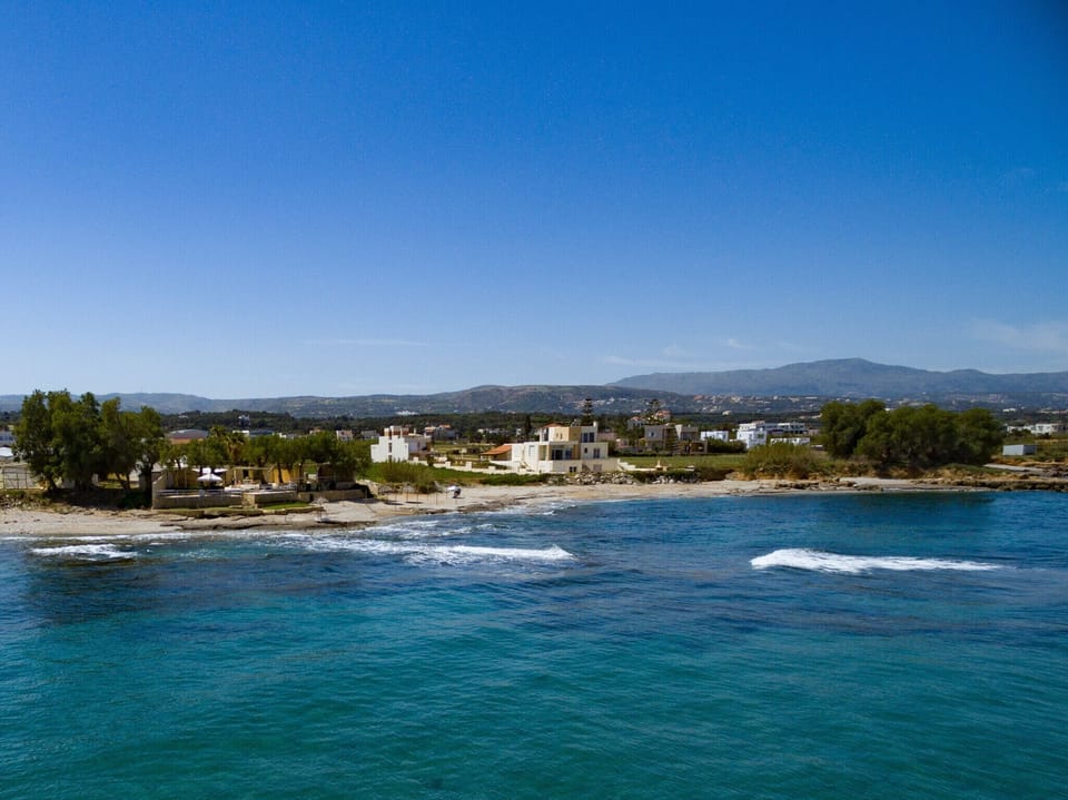 Bird's eye view of modern beachfront Cottage, private pool, Next to the beach, next to amenities, Rethymno, Crete