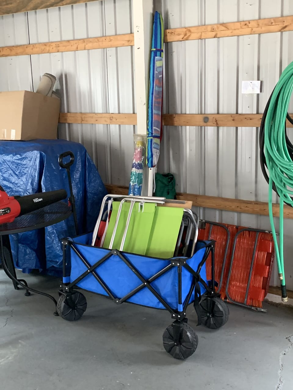 Beach wagon, chairs and umbrellas for your use.
