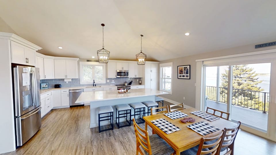 Open dining and kitchen area.