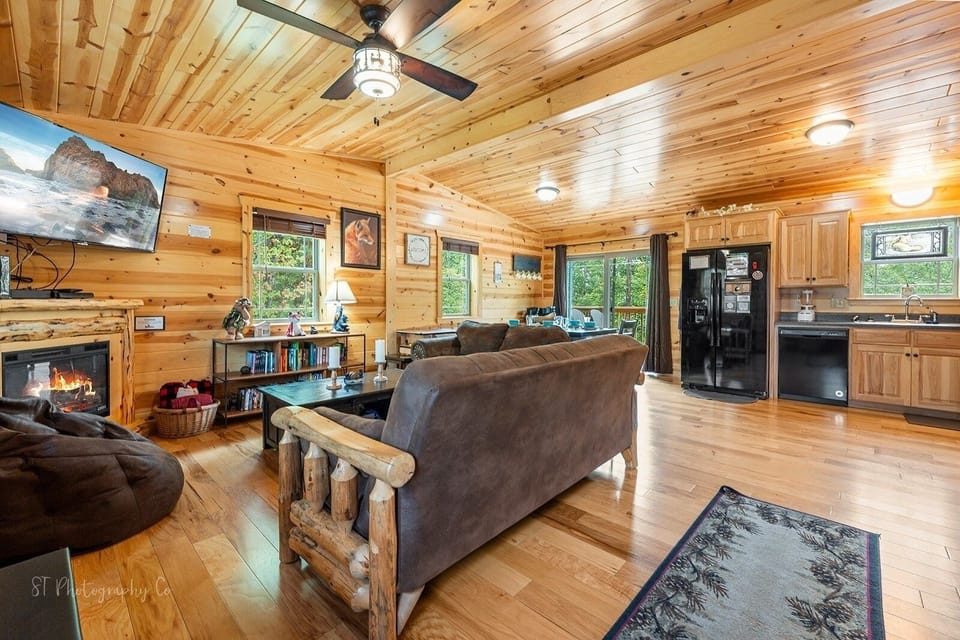 Indoors, Hardwood, Stained Wood, Fireplace, Ceiling Fan