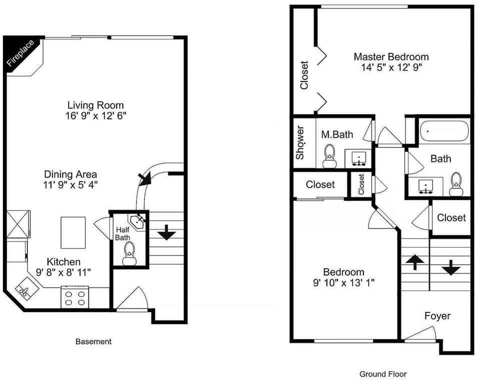 Floor plan layout showcasing your two-level vacation home with spacious living areas, full kitchen, master suite, and multiple bedrooms for comfortable stays.