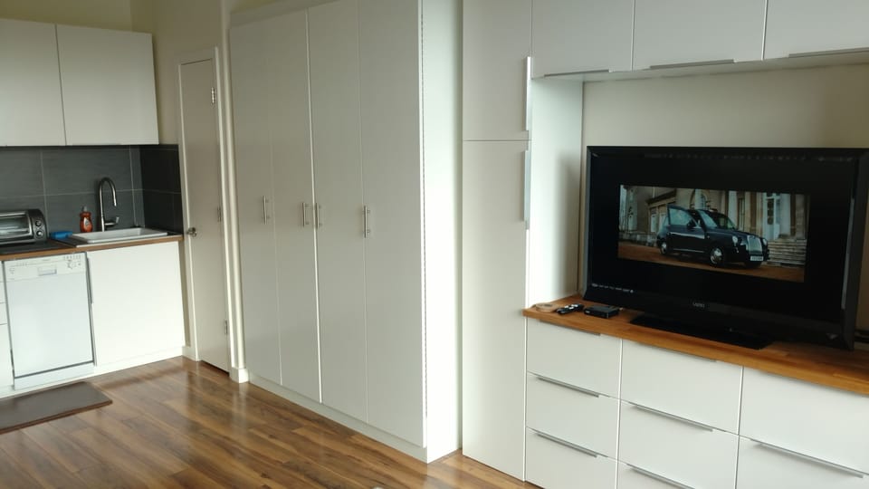 Queen murphy bed tucked up for additional space